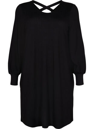 Långärmad klänning med korsad rygg, Black, Packshot image number 0