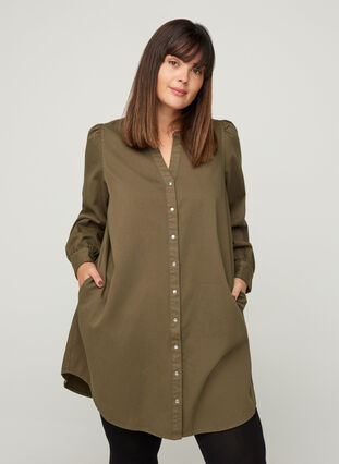 Lång bomullsskjorta med puffärmar, Ivy Green, Model image number 0