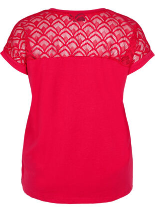 Kortärmad t-shirt av bomull med spets, Tango Red, Packshot image number 1