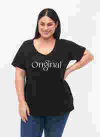 V-ringad t-shirt i bomull med texttryck, Black ORI, Model