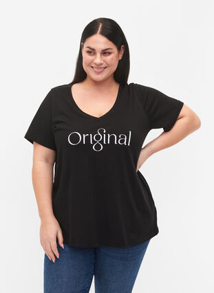 V-ringad t-shirt i bomull med texttryck, Black ORI, Model image number 0