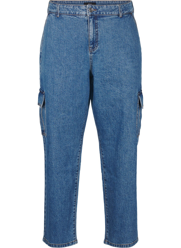 Cargojeans med hög midja, Blue Denim, Packshot image number 0