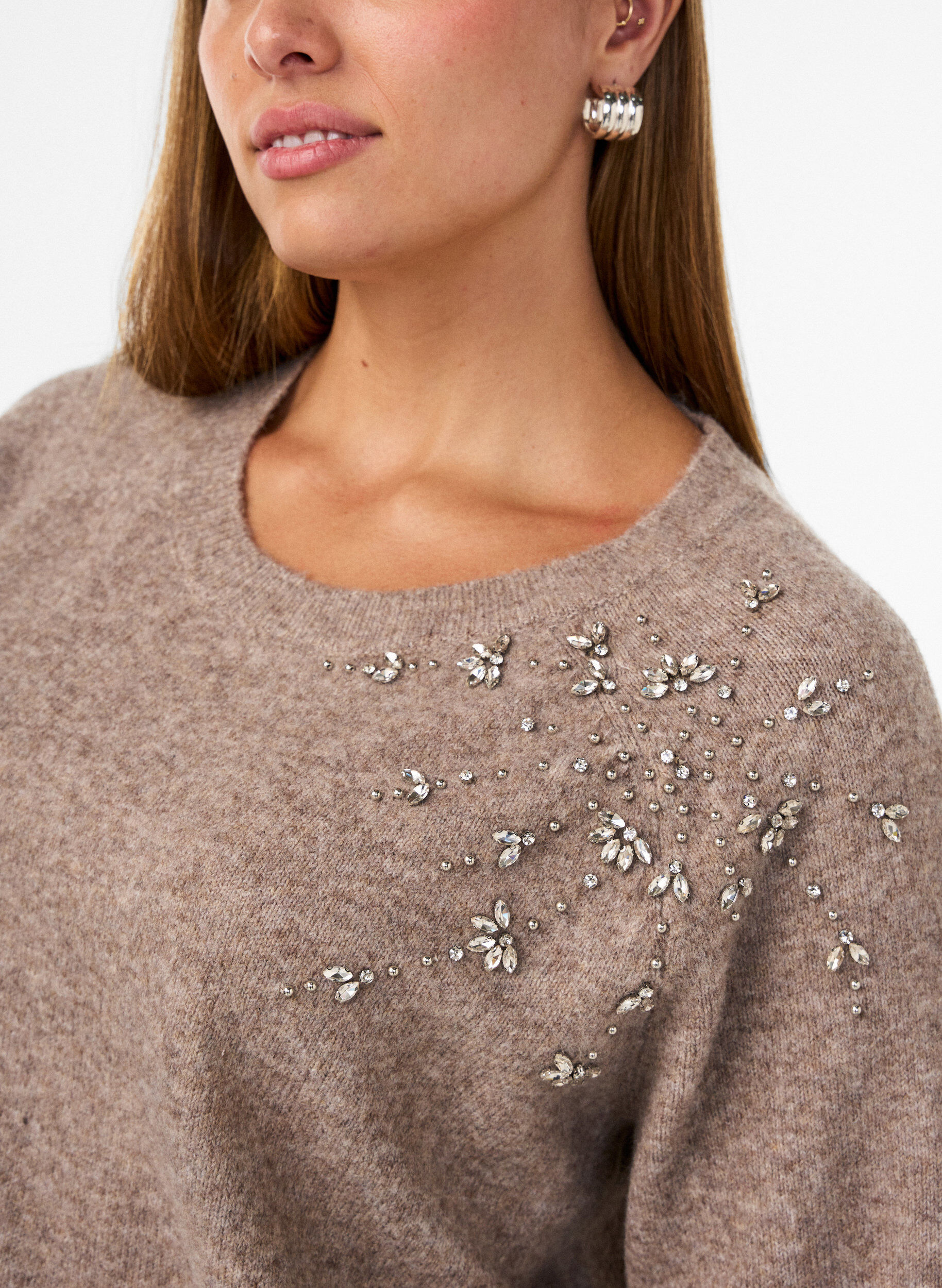 Zizziblus i stickat med strass och nitar, Beige, Model image number 3