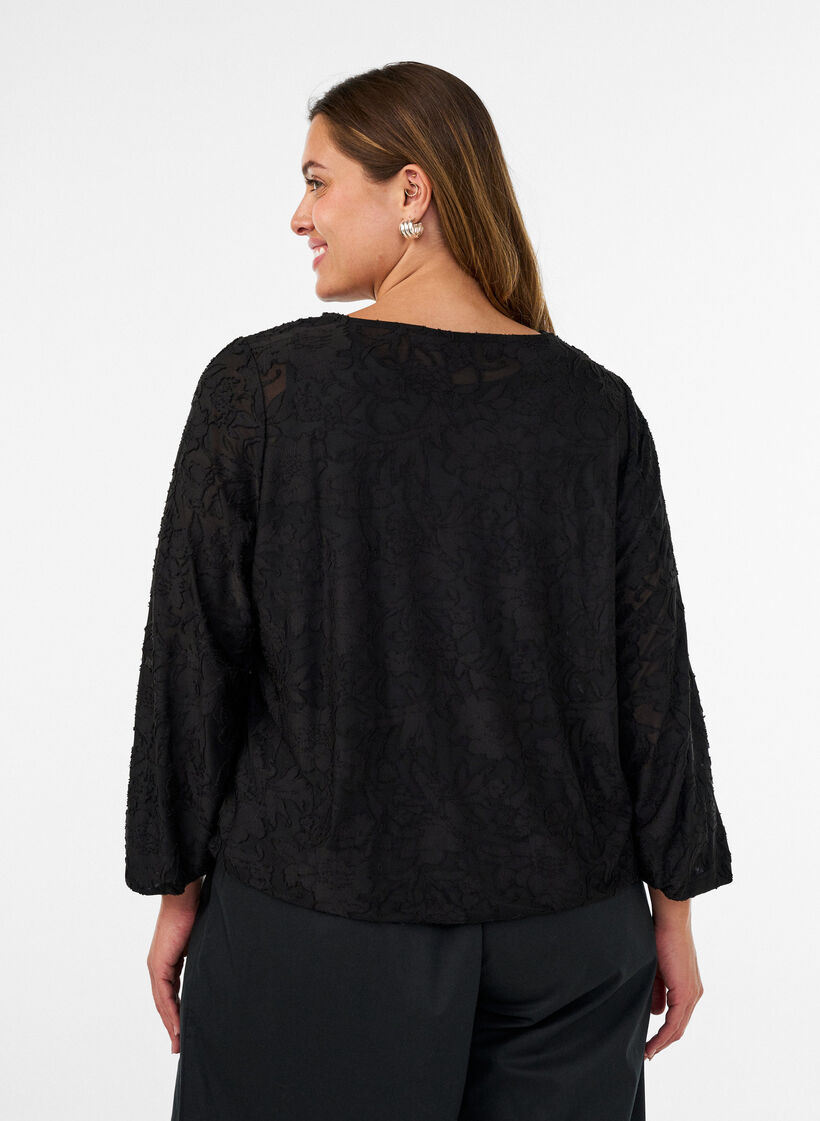 Skir blus med blommig textur och l&aring;nga &auml;rmar, Svart, Model image number 2