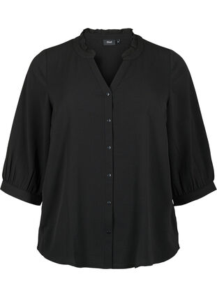 Skjortblus med 3/4 ärmar och volangkrage, Black, Packshot image number 0