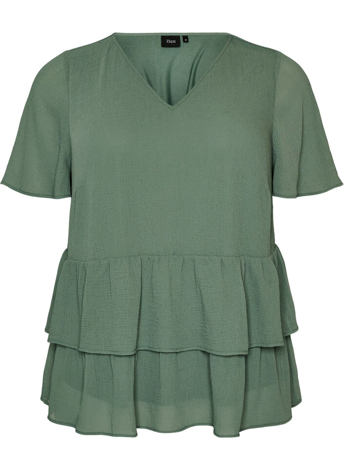 Blus med v-ringning och volanger, Gr&ouml;n, Packshot image number 0