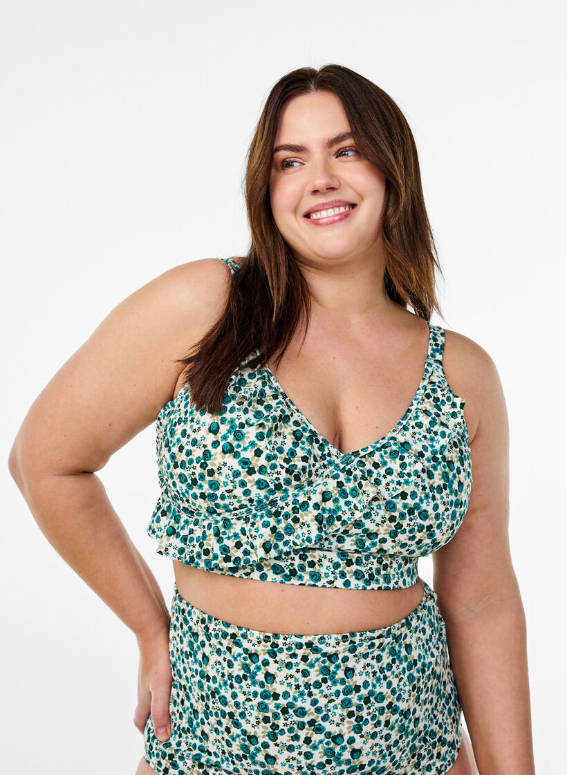 Bikinitopp med blommigt tryck och volangdetaljer, Gr&ouml;n, Model image number 0