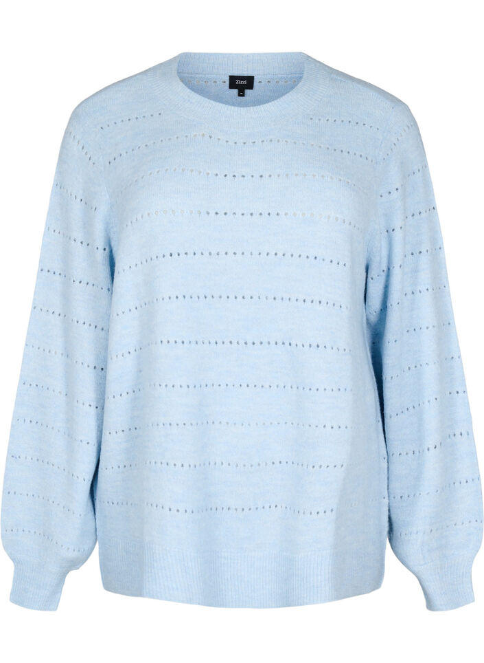 Stickad blus med rund hals och hålmönster, Cashmere Blue Mel., Packshot image number 0