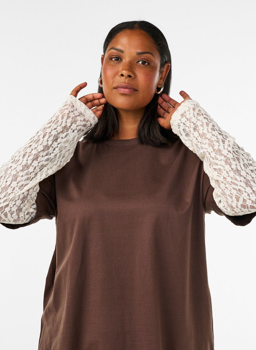 L&ouml;s t-shirt med l&aring;nga &auml;rmar i spets, Brun, Model image number 3