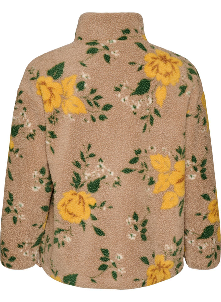 Blommig fleecejacka med h&ouml;g krage och dragkedja, Beige, Packshot image number 1