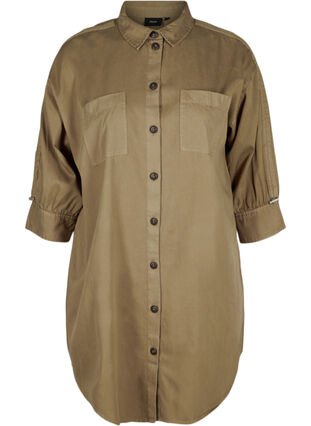 Lång skjorta i kraftigt tyg med bröstfickor, Kaki Green, Packshot image number 0