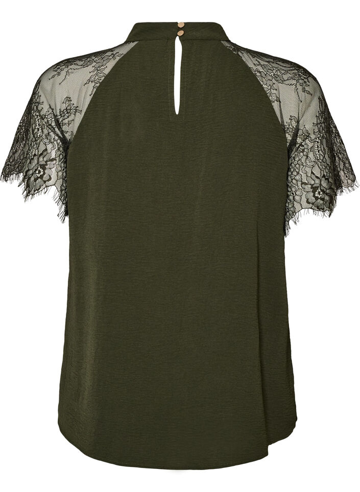 Blus med korta &auml;rmar i spets och h&ouml;g krage, Gr&ouml;n, Packshot image number 1