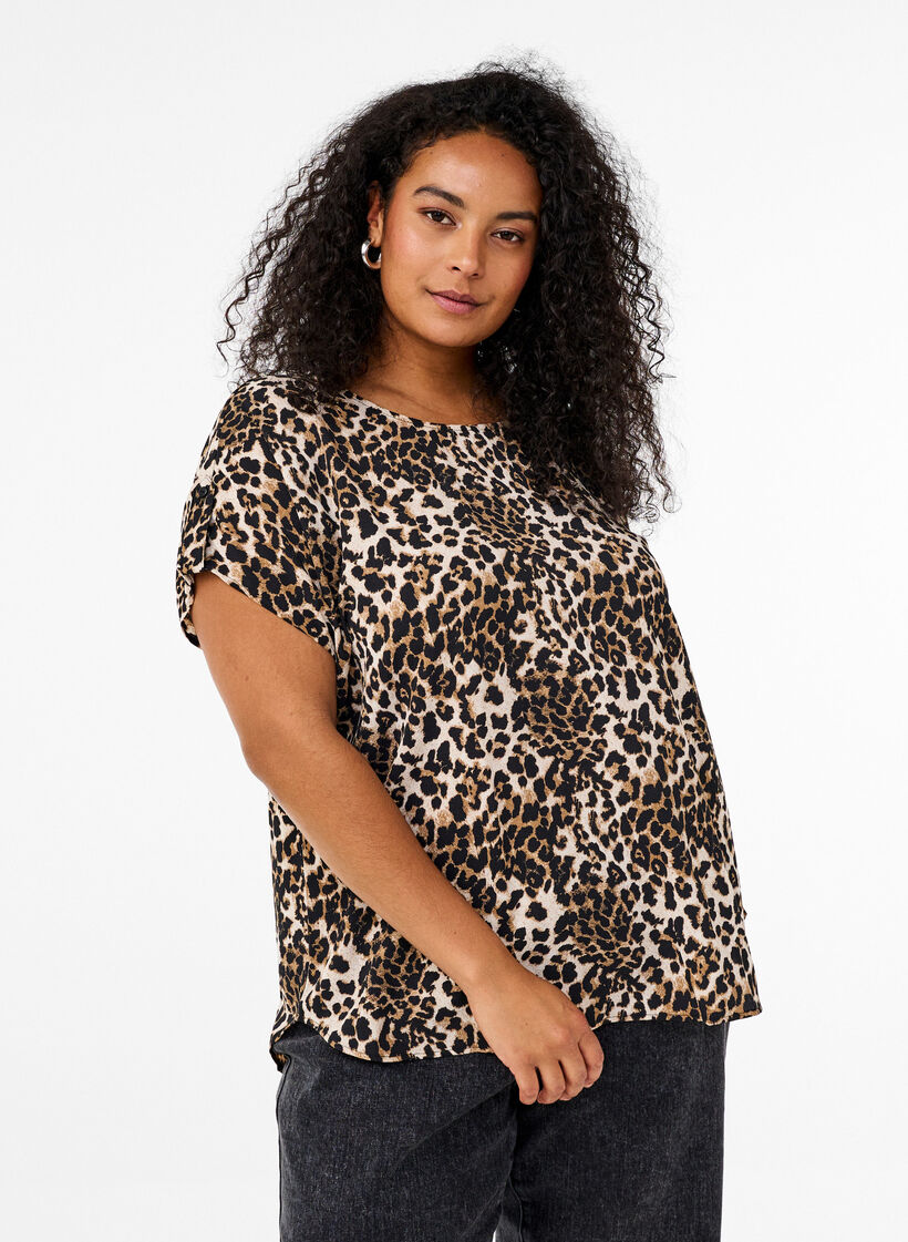 Kortärmad blus med leopardmönster, Leopard AOP, Model image number 0