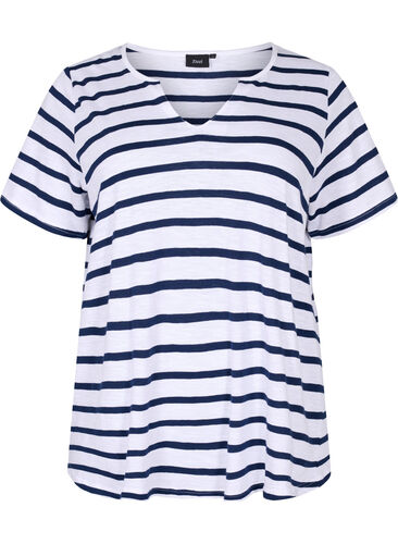 Randig v-ringad t-shirt i bomull, Bright White Stripe, Packshot image number 0