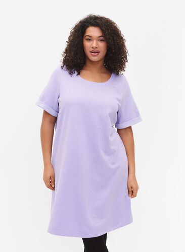 Sweatshirtklänning med korta ärmar och slits, Lavender, Model image number 0