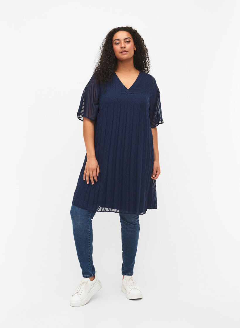 Kortärmad klänning med struktur, Navy Blazer, Model image number 2