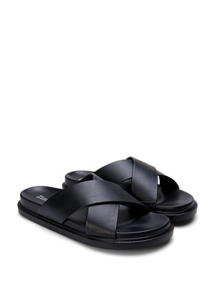 Sandal med bred passform och korsade remmar, Black, Packshot image number 1