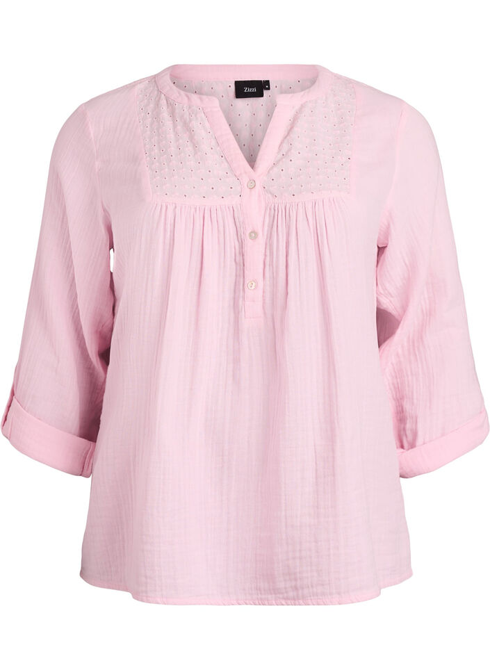 Blus i bomullsmuslin med broderie anglaise, Rosa, Packshot image number 0