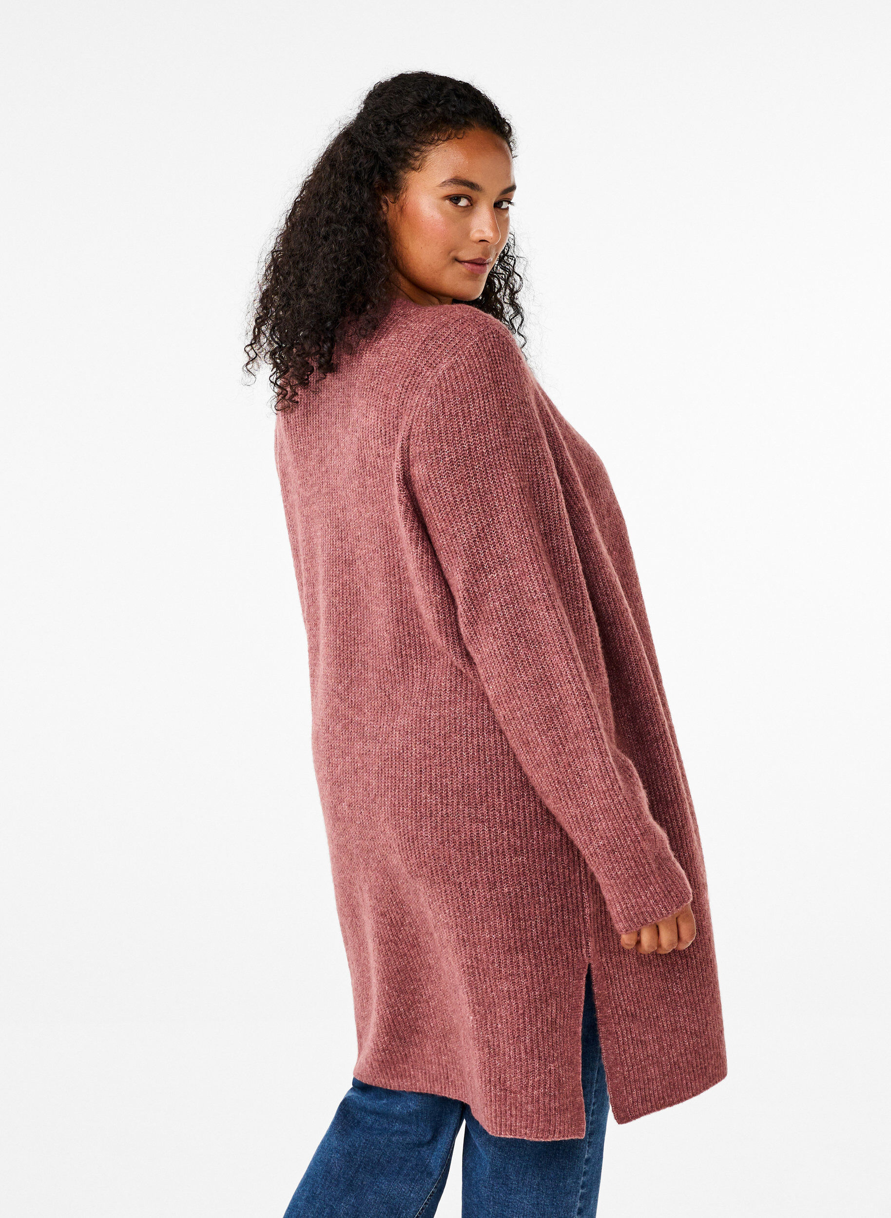 Zizzi FLASH - Ribbstickad cardigan med slitsar, Rose Brown Melange, Model image number 1