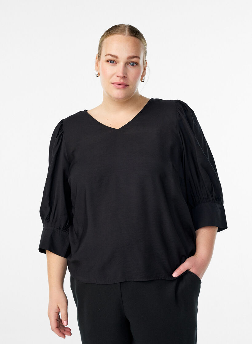 Blus med v-ringning och 3/4-ärm, Svart, Model image number 0