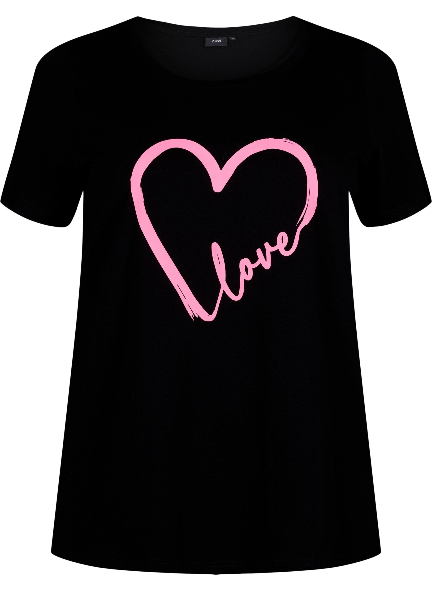 Zizzi T-shirt i bomull med rund halsringning och tryck, Black W. Heart L., Packshot image number 0