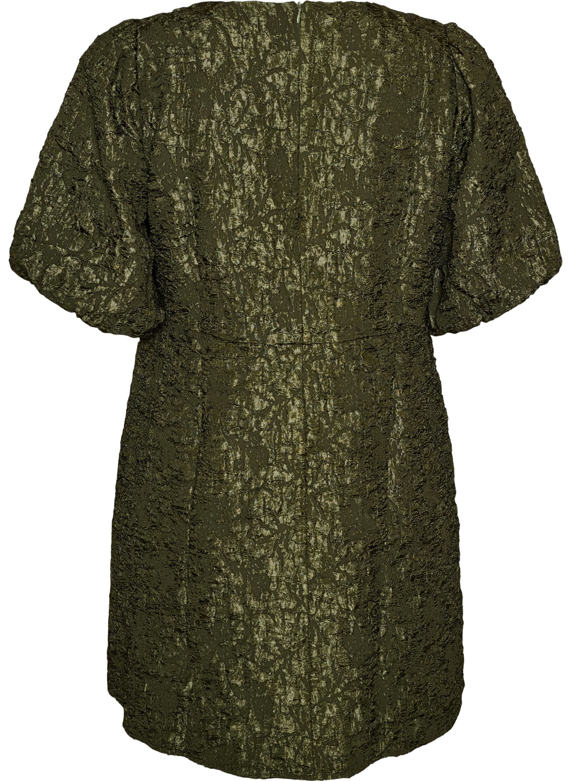 ZizziA-linjeformad kl&auml;nning i jacquard med puff&auml;rmar, Gr&ouml;n, Packshot image number 1