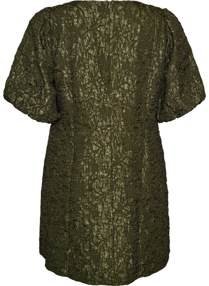 A-linjeformad kl&auml;nning i jacquard med puff&auml;rmar, Gr&ouml;n, Packshot image number 1