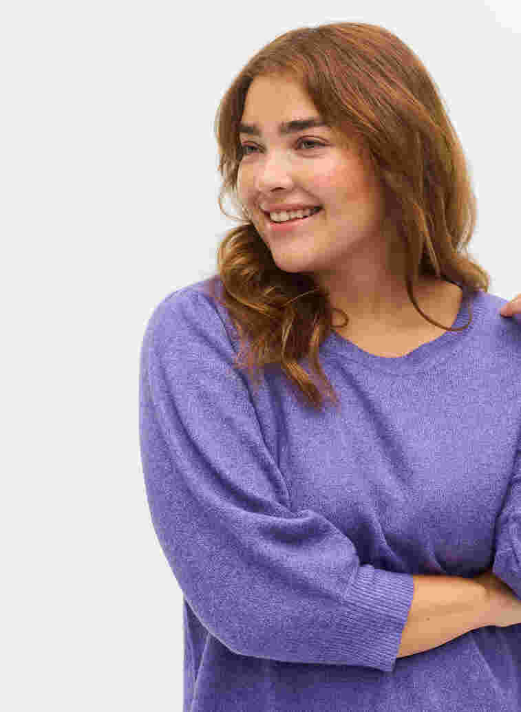 Melerad stickad tröja med 3/4-ärmar, Ultra Violet Mel., Model image number 2