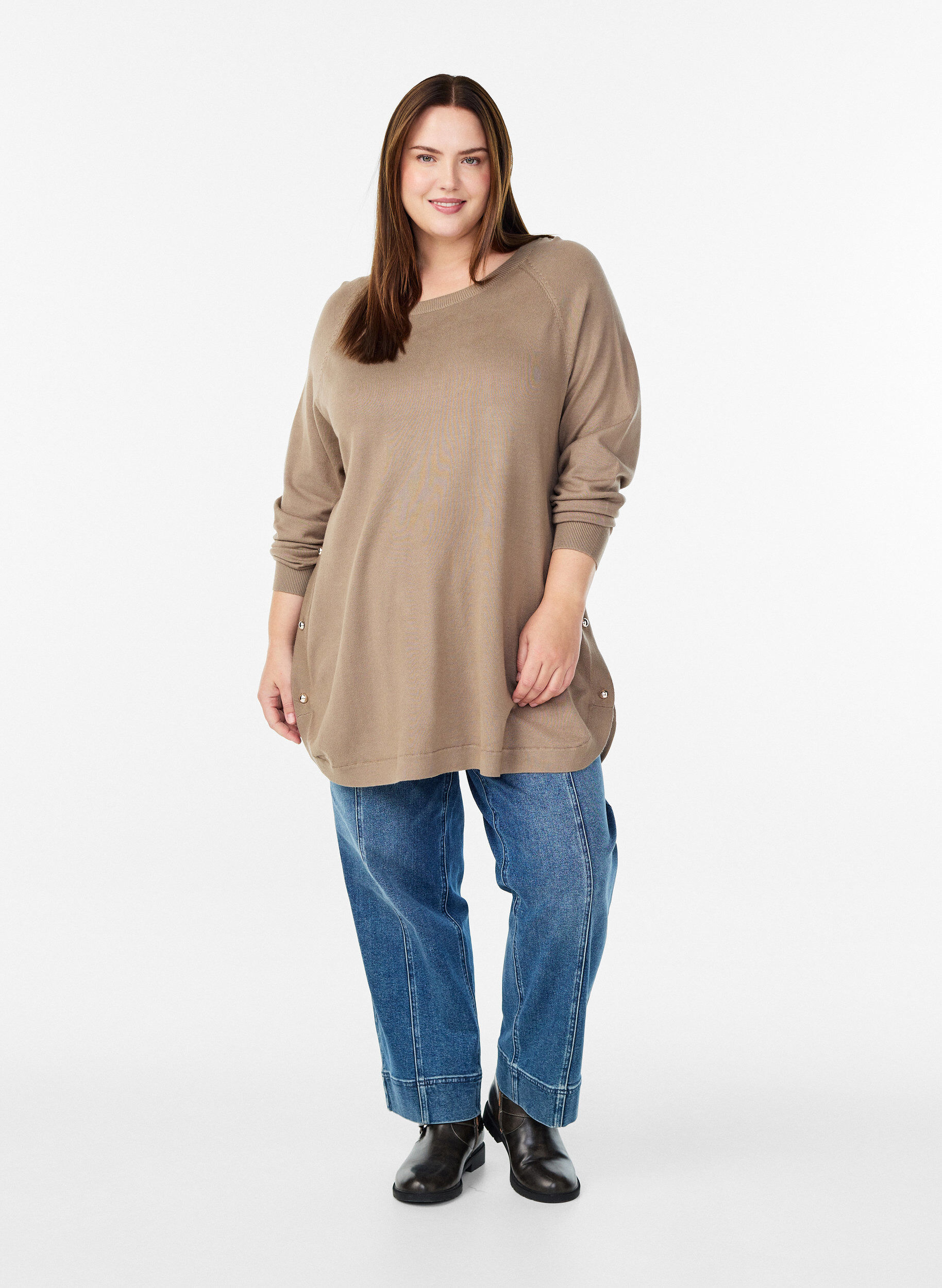 ZizziStickad blus med knappar i sidan, Beige, Model image number 1