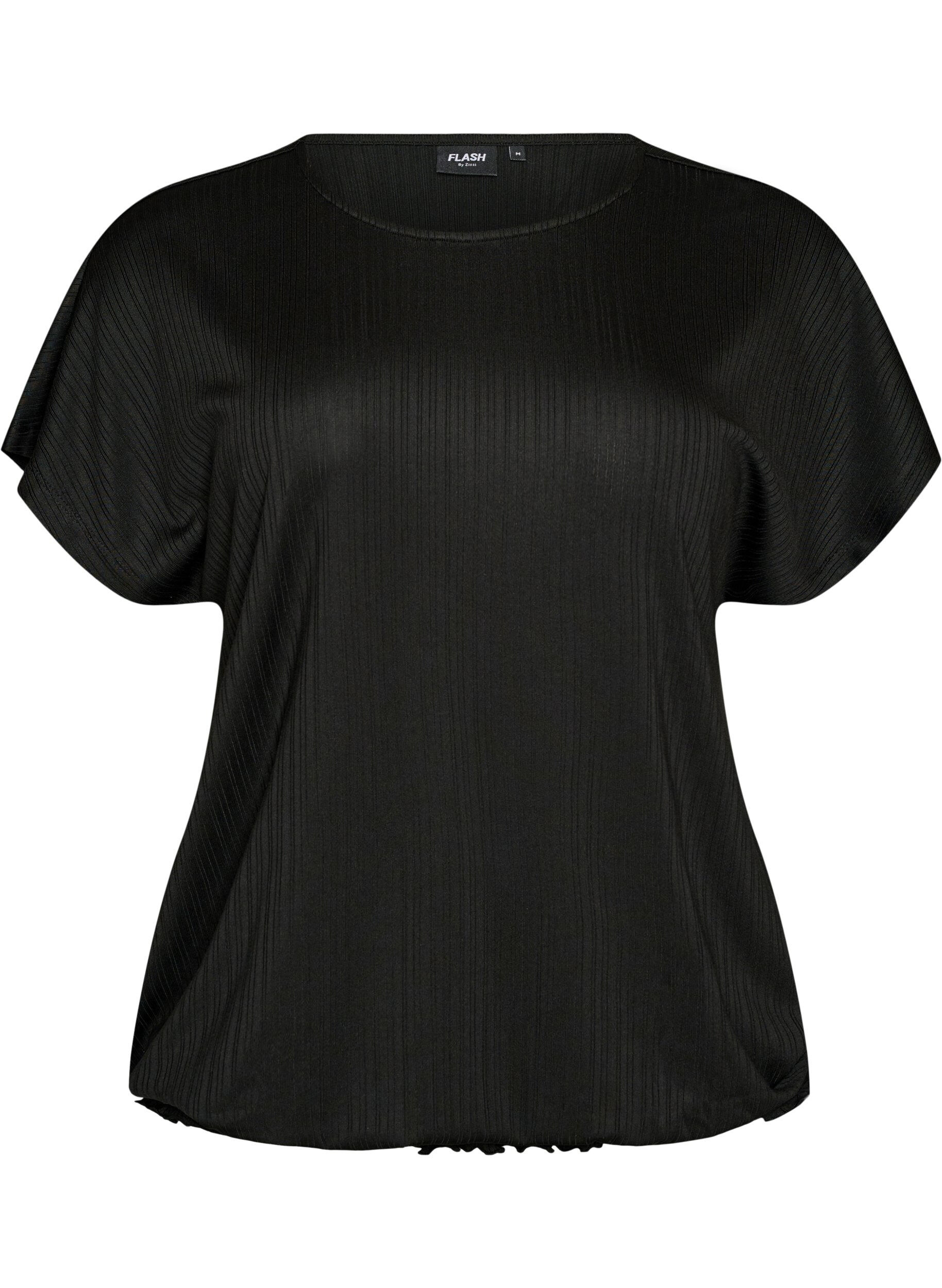 FLASH - Blus i jersey med texturerade r&auml;nder och smock i nederkanten