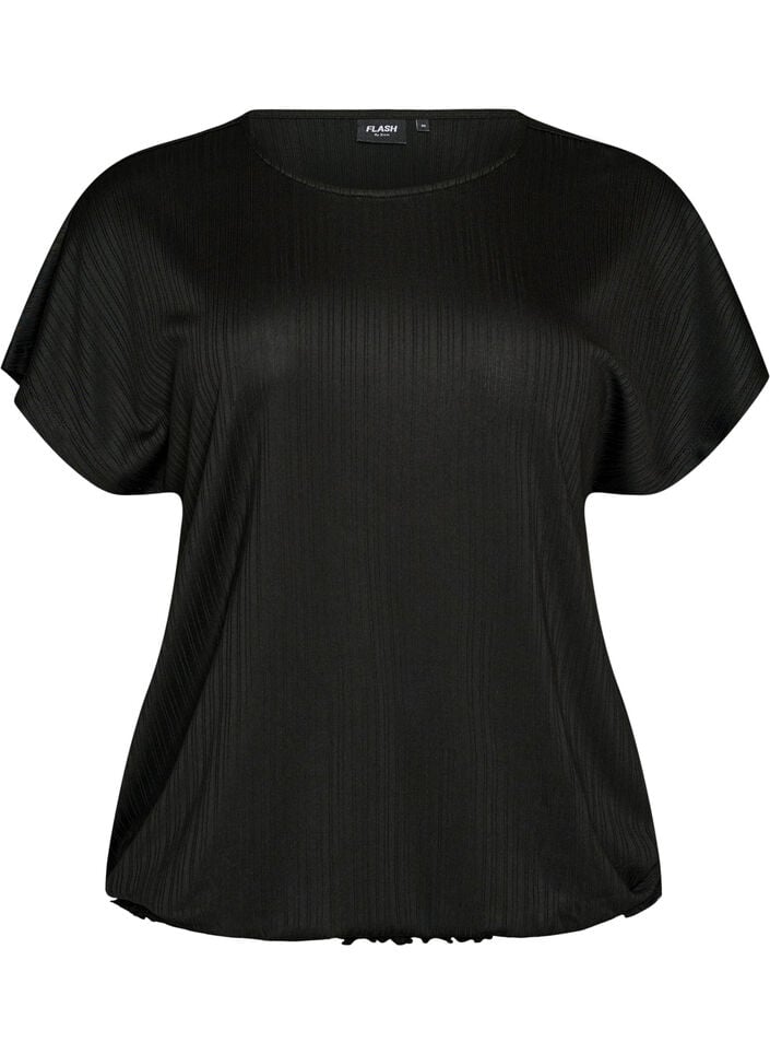 Blus i jersey med texturerade r&auml;nder och smock i nederkanten, Svart, Packshot image number 0