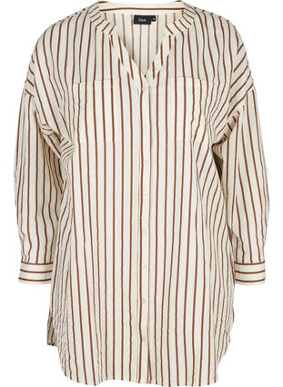Lång randig bomullsskjorta med v-ringning, Stripe, Packshot image number 0