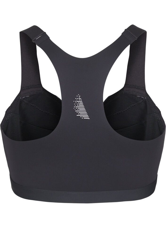 Sport-bh med kn&auml;ppning framtill och h&ouml;gt st&ouml;d, Svart, Packshot
