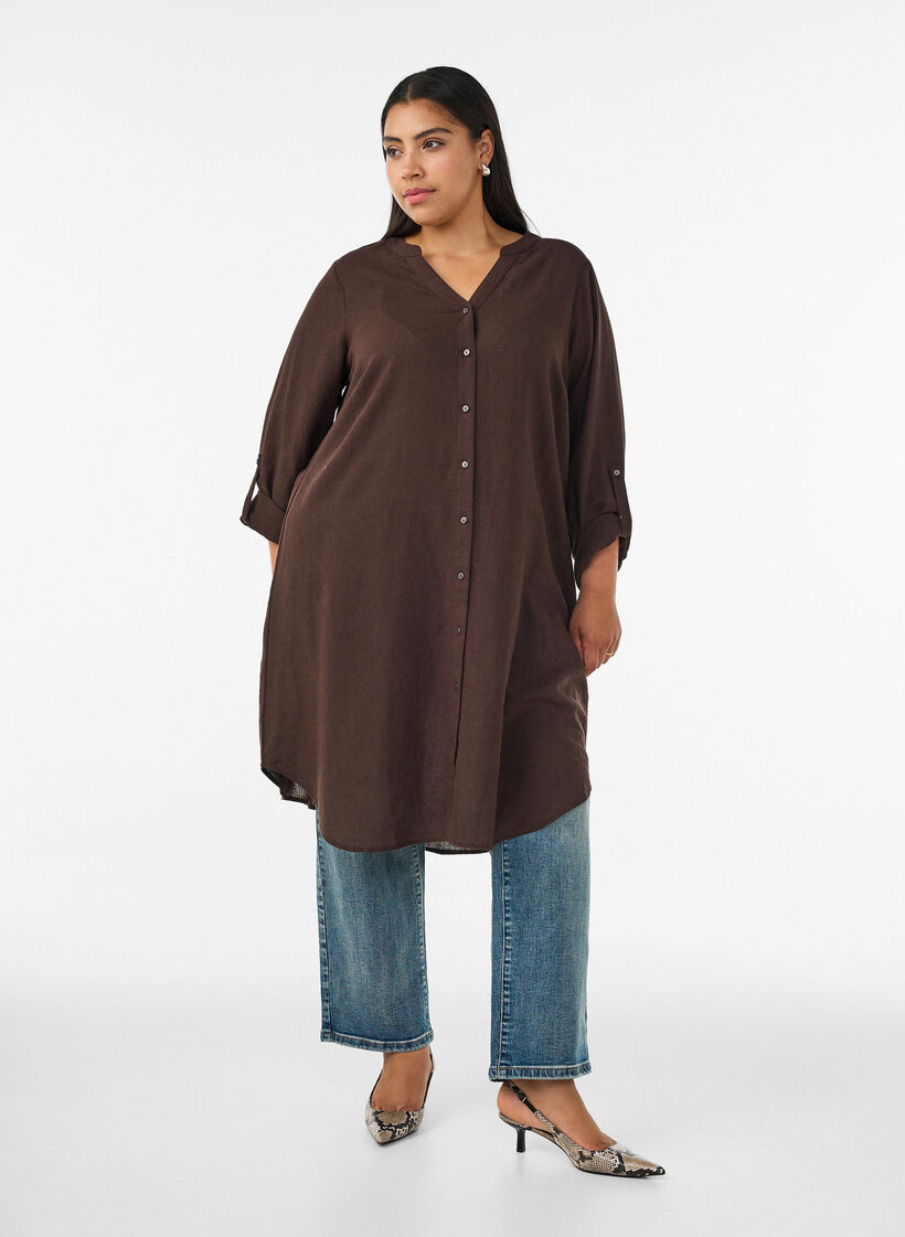 L&aring;ng skjorta i linne och viskos, Brun, Model image number 0