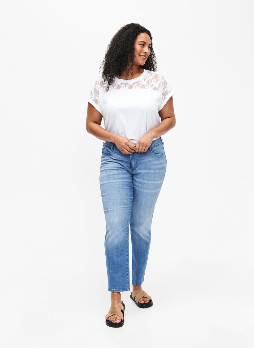 Kortärmad t-shirt av bomull med spets, Bright White, Model image number 1