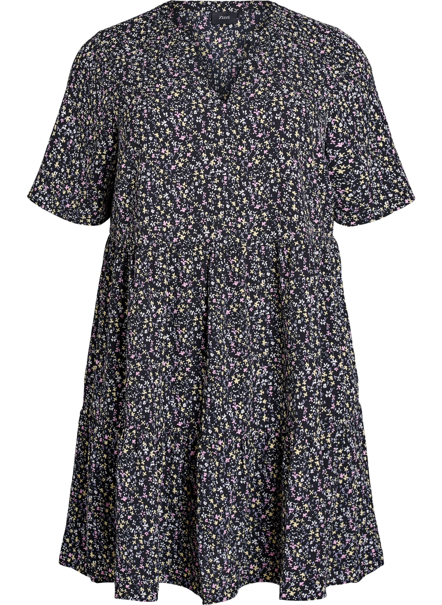 Zizzi Kort&auml;rmad kl&auml;nning med A-linje och sk&auml;rningar, Svart, Packshot image number 0