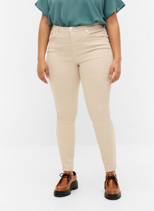 Högmidjade Amy jeans med super slim passform, Oatmeal, Model image number 2