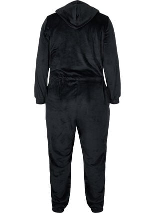 Jumpsuit i velour med huva och knytband, Black, Packshot image number 1
