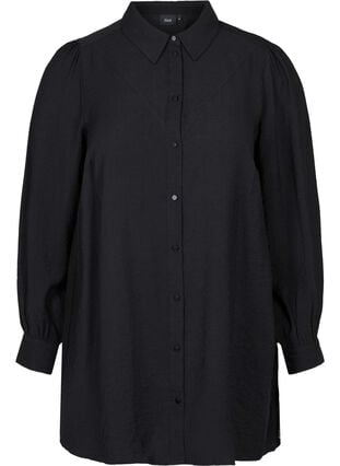 Lång enfärgad skjorta i viskosblandning, Black, Packshot image number 0