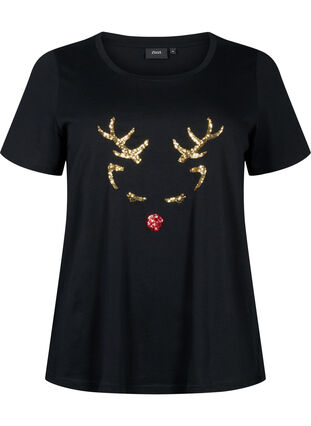 T-shirt med jultryck och paljetter, Black W. Reindeer, Packshot image number 0