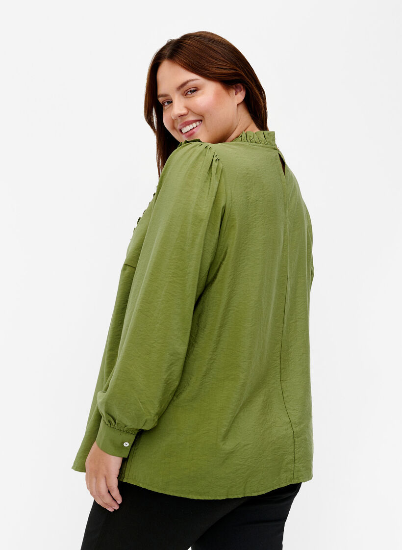 Viskosblus med volanger, Loden Green, Model image number 1