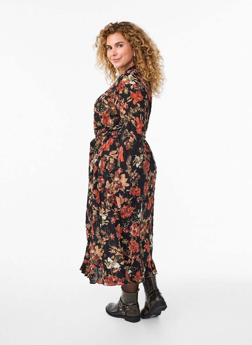 Midikl&auml;nning med blomm&ouml;nster och avtagbart knytsk&auml;rp, Svart, Model image number 1