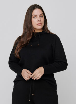Stickad tröja med luva och snöre, Black, Model image number 0
