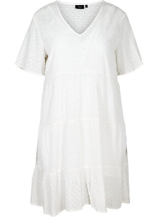 Kortärmad klänning med broderi anglaise, Bright White, Packshot image number 0