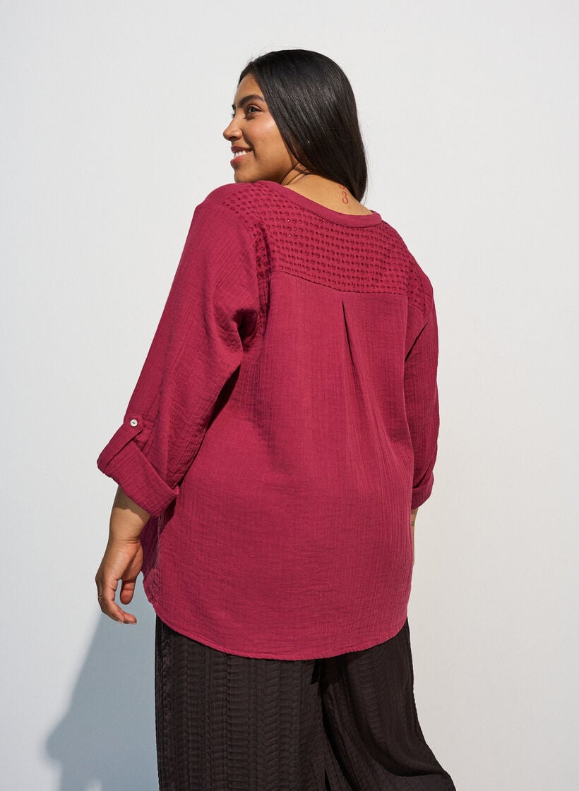 Blus i bomullsmuslin med broderie anglaise, R&ouml;d, Model image number 2