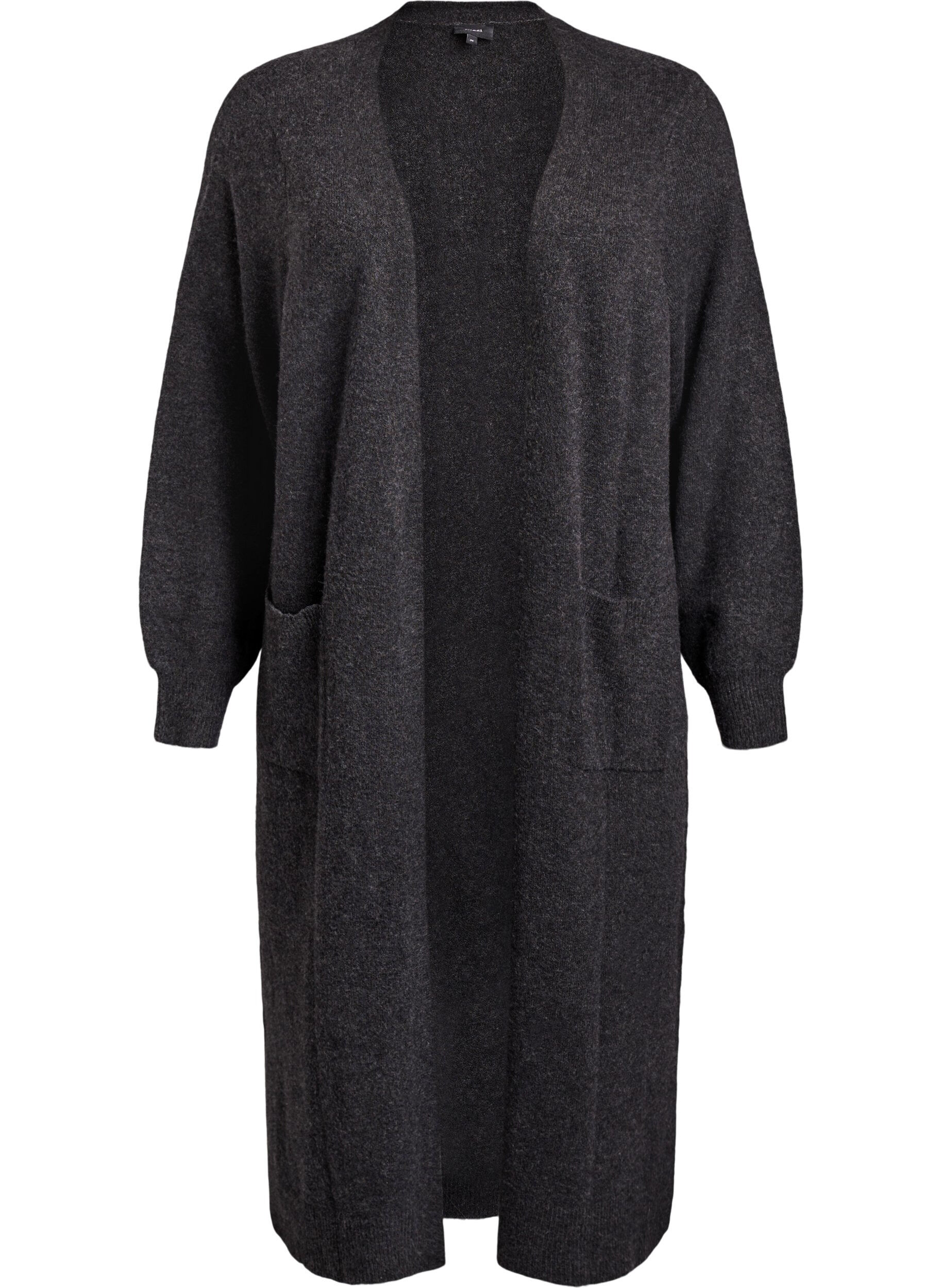 L&aring;ng stickad kofta med fickor