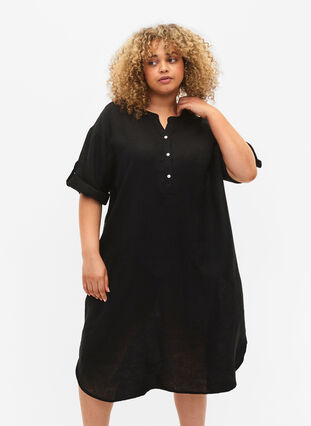 Kortärmad klänning i 100% linne, Black, Model image number 0