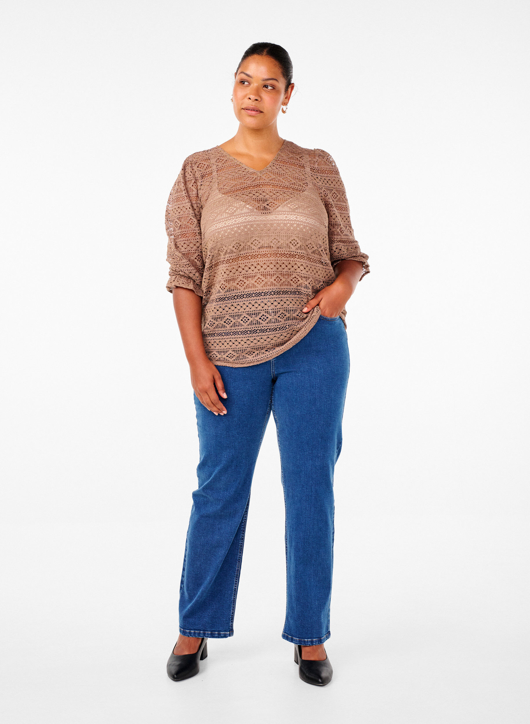 Zizzi Blus med h&aring;lm&ouml;nster och 3/4 &auml;rmar, Brun, Model image number 1