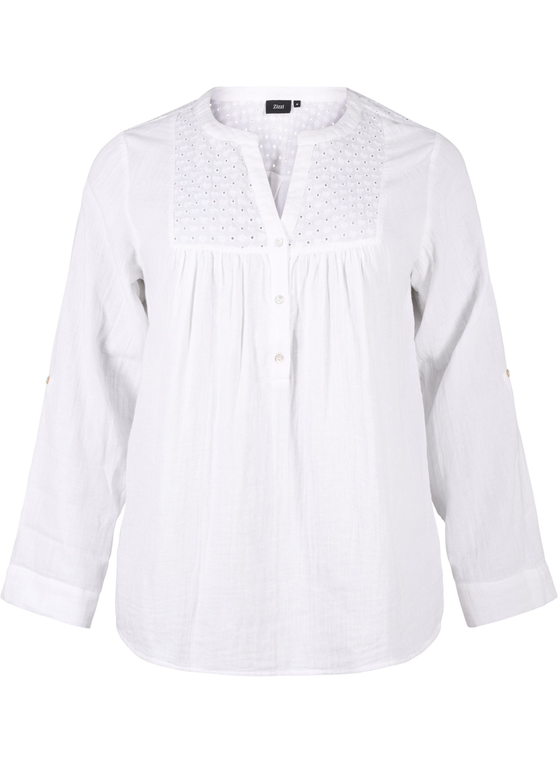 Zizzi Bomullsblus med broderie anglaise och trekvarts&auml;rm, Bright White, Packshot image number 0