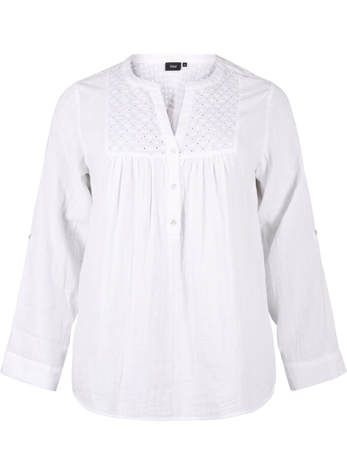 Bomullsblus med broderie anglaise och trekvartsärm, Bright White, Packshot image number 0